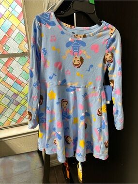 Rachel Light Blue Long-Sleeve Character Print Dress with Pink & Yellow Accents